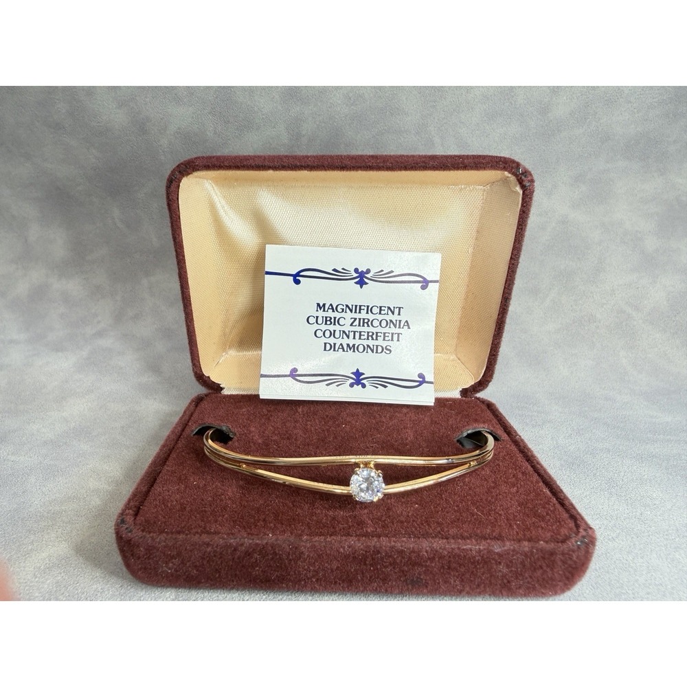 Vintage 1987 Gold Tone CZ Cuff Bracelet Korea Open Bangle Faux Diamond w/ Box